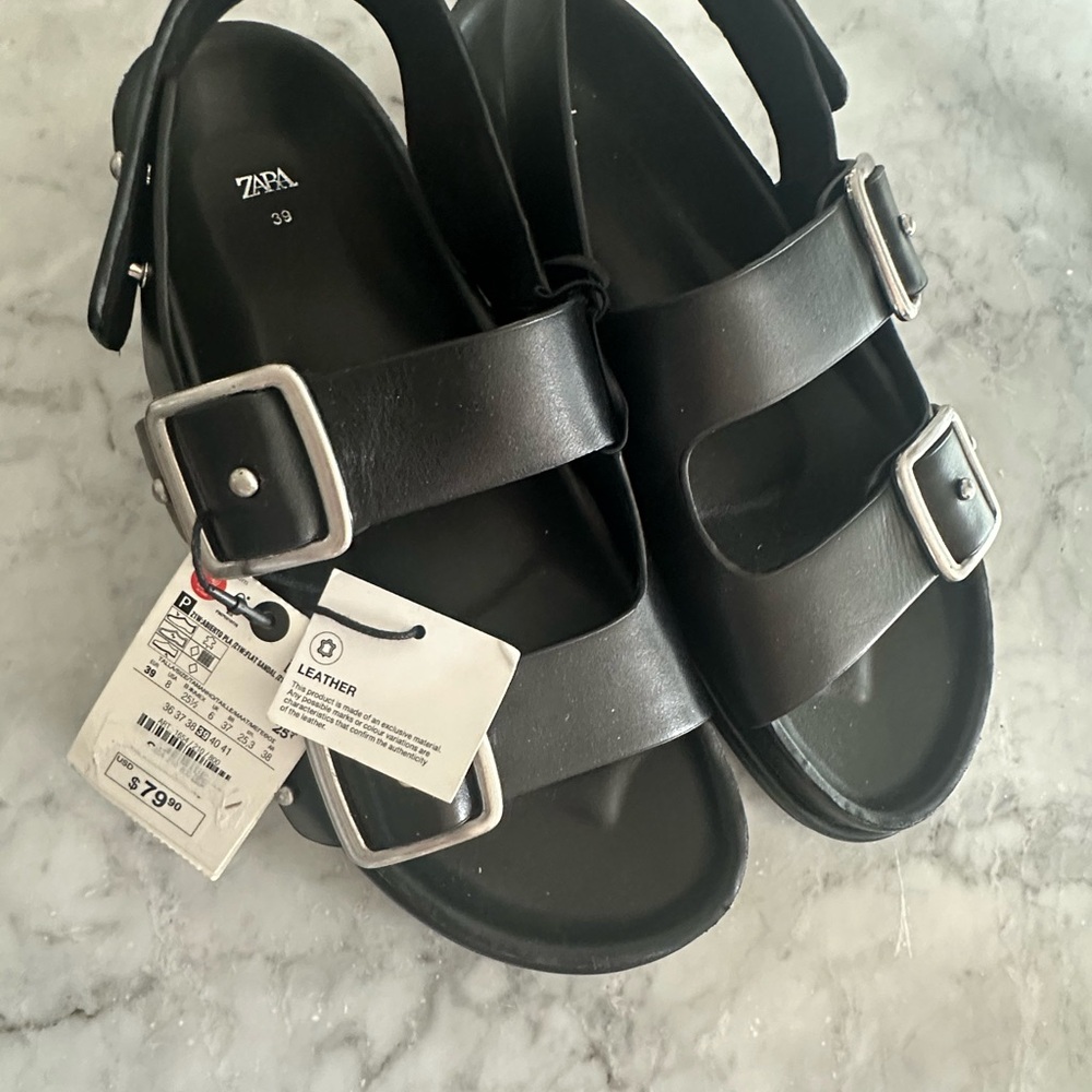 Birkenstock style Zara Black Slide Sandals 100% Leather